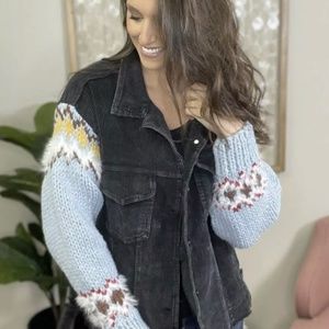 POL Black Corduroy Jacket with Light Blue Sleeves Small